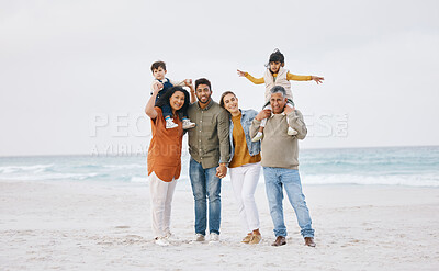 Buy stock photo Big family, portrait and happy vacation on beach with children, parents and grandparents together with peace and freedom. Rio de janeiro, holiday and people with love, support and happiness in nature