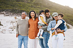 Happy, big family and portrait of vacation on beach with children, parents and grandparents together with love and freedom. Rio de janeiro, holiday and people with support and happiness in nature