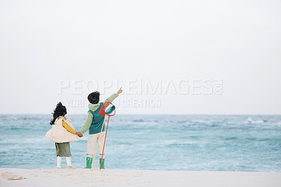 Buy stock photo Family, beach and children pointing to waves, sky or ocean for child development and learning about water on mockup space. Sea, brother and sister on sand for freedom, adventure and holiday trip