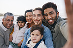 Big family selfie, beach or portrait of children in nature with grandparents on holiday vacation. Dad, siblings or happy kids bonding with mom, grandmother or grandfather in fun photograph together