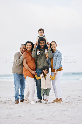 Buy stock photo Big family, portrait and happy vacation on beach with children, parents and grandparents together with peace and freedom. Rio de janeiro, holiday and people with love, support and happiness in nature