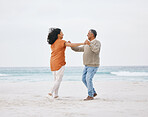 Beach, dance and senior happy couple love, fun date or care on travel holiday, retirement or nature vacation energy. Free dancer, ocean sea and elderly man, old woman and marriage people bond on sand