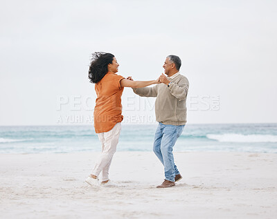 Buy stock photo Beach, dance and senior happy couple love, fun date or care on travel holiday, retirement or nature vacation energy. Free dancer, ocean sea and elderly man, old woman and marriage people bond on sand