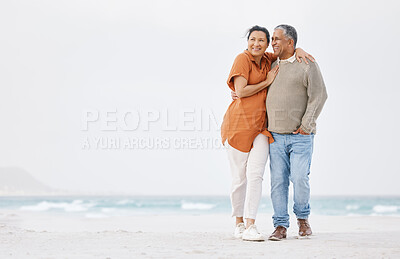 Buy stock photo Beach, mockup or mature happy couple looking at view, tropical advertising space or travel vacation destination. Winter date, nature wellness bond or relax man, woman or people walking on island sand