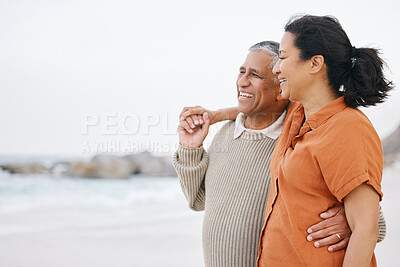 Buy stock photo Beach, view and mature happy couple looking at ocean sea waves, tropical adventure or travel vacation freedom. Winter date, nature wellness and relax Mexican man, woman or people bonding on island