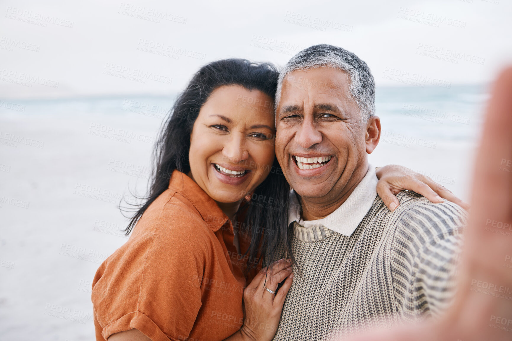 Buy stock photo Beach, senior or selfie portrait of happy couple with love, smile or support for a romantic bond together. Ocean, old man or elderly woman taking photograph or picture memory in retirement in nature