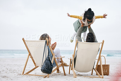Buy stock photo Airplane, beach or child with parents playing to relax or bond as a happy family with love or care. Father, flying or excited African dad with a kid to enjoy fun games on holiday together by an ocean