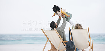Buy stock photo Airplane, beach or kid with parents playing to relax or bond as a happy family with love or care. Father, fly or excited dad with a child to enjoy games on holiday together by an ocean mockup space