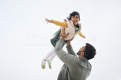 Buy stock photo Airplane, sky background mockup or child playing with father to relax or bond with love or care, Smile, outdoor flying space or excited Indian dad with a kid to enjoy fun games on a holiday together