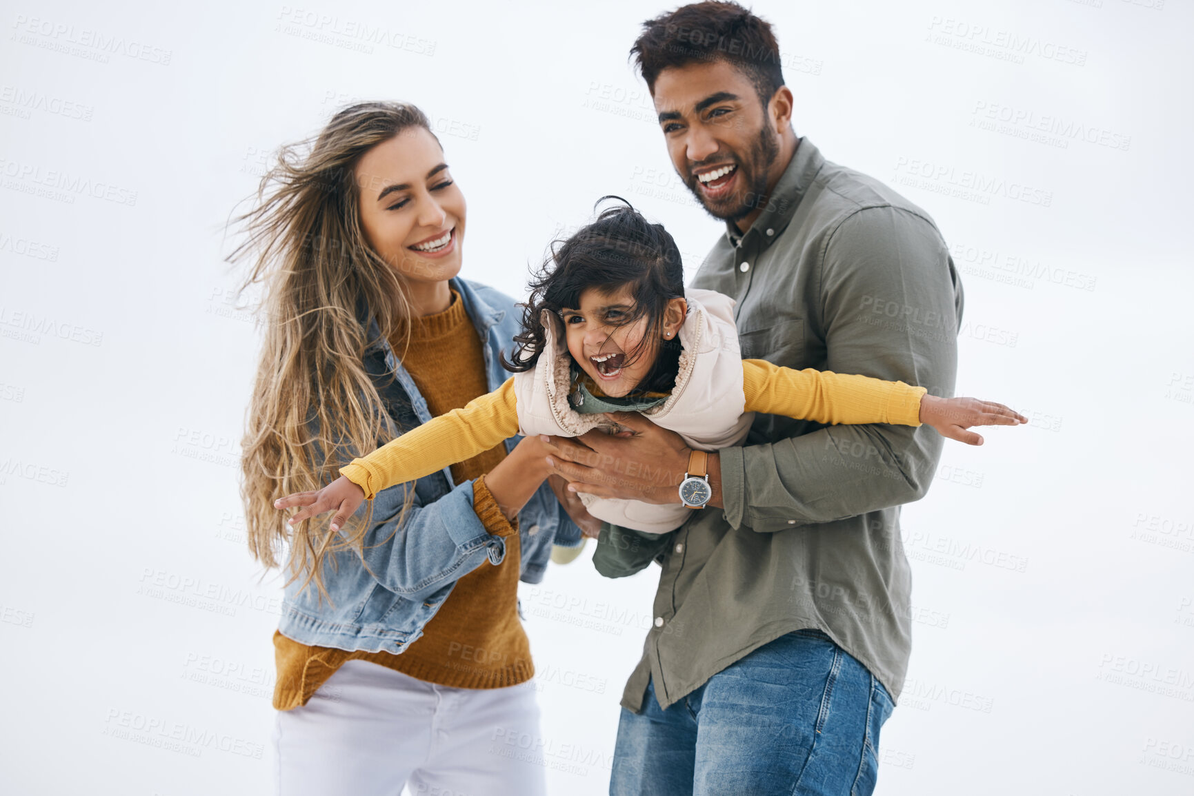 Buy stock photo Airplane, sky background or child with parents playing for a family bond with love, smile or care. Mom, flying or happy Indian dad with a girl kid to enjoy fun outdoor games on a holiday together
