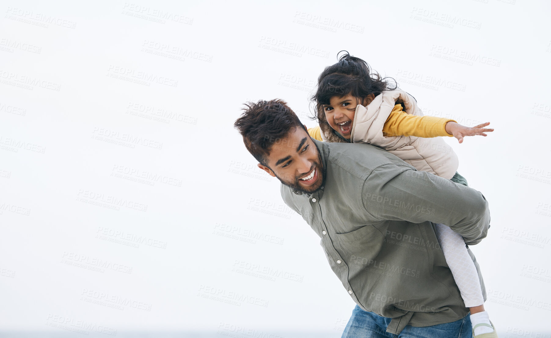 Buy stock photo Outdoor, piggy back and father with girl, happy and energy with happiness, love and holiday with mockup space. Happy family, daughter and kid with parent, dad carrying child and support with vacation