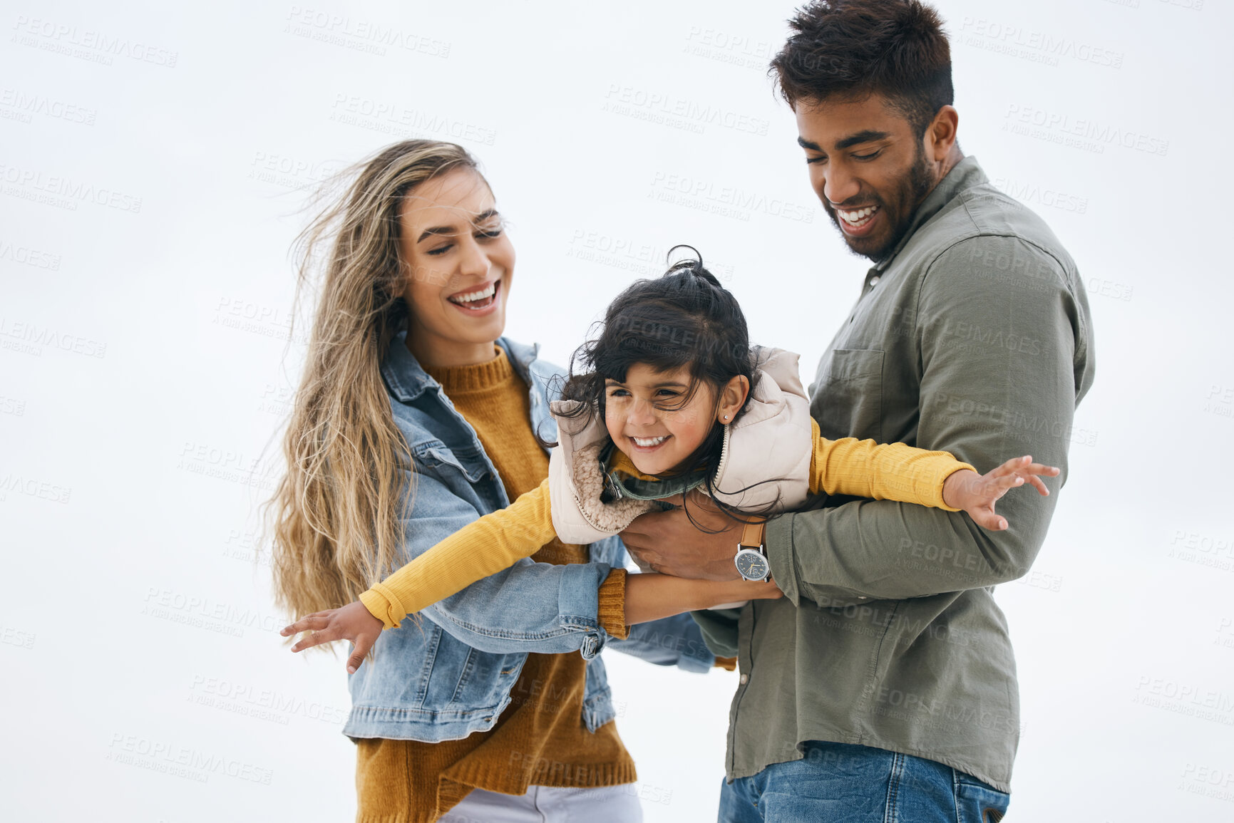 Buy stock photo Airplane, sky or kid with parents playing for a family bond with love, smile or care on vacation. Mom, flying or happy Indian dad with a girl kid to enjoy fun outdoor games on a holiday together