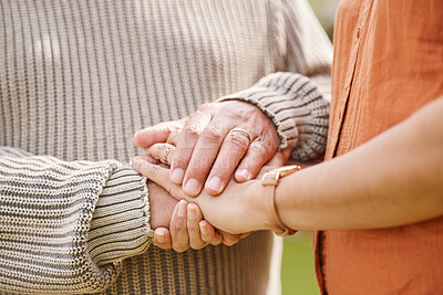 Buy stock photo Couple, love and holding hands with trust, hope or support for bad news, cancer or death comfort closeup. Zoom, empathy and people together for understanding, compassion or kindness, security or care