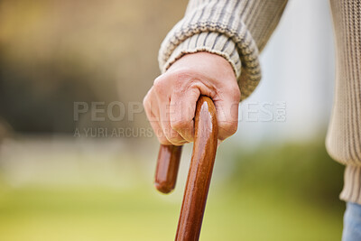 Buy stock photo Walking stick, support and elderly with hands of person with a disability for injury, osteoporosis and medical. Healthcare, retirement and balance with closeup of old man and cane in nursing home
