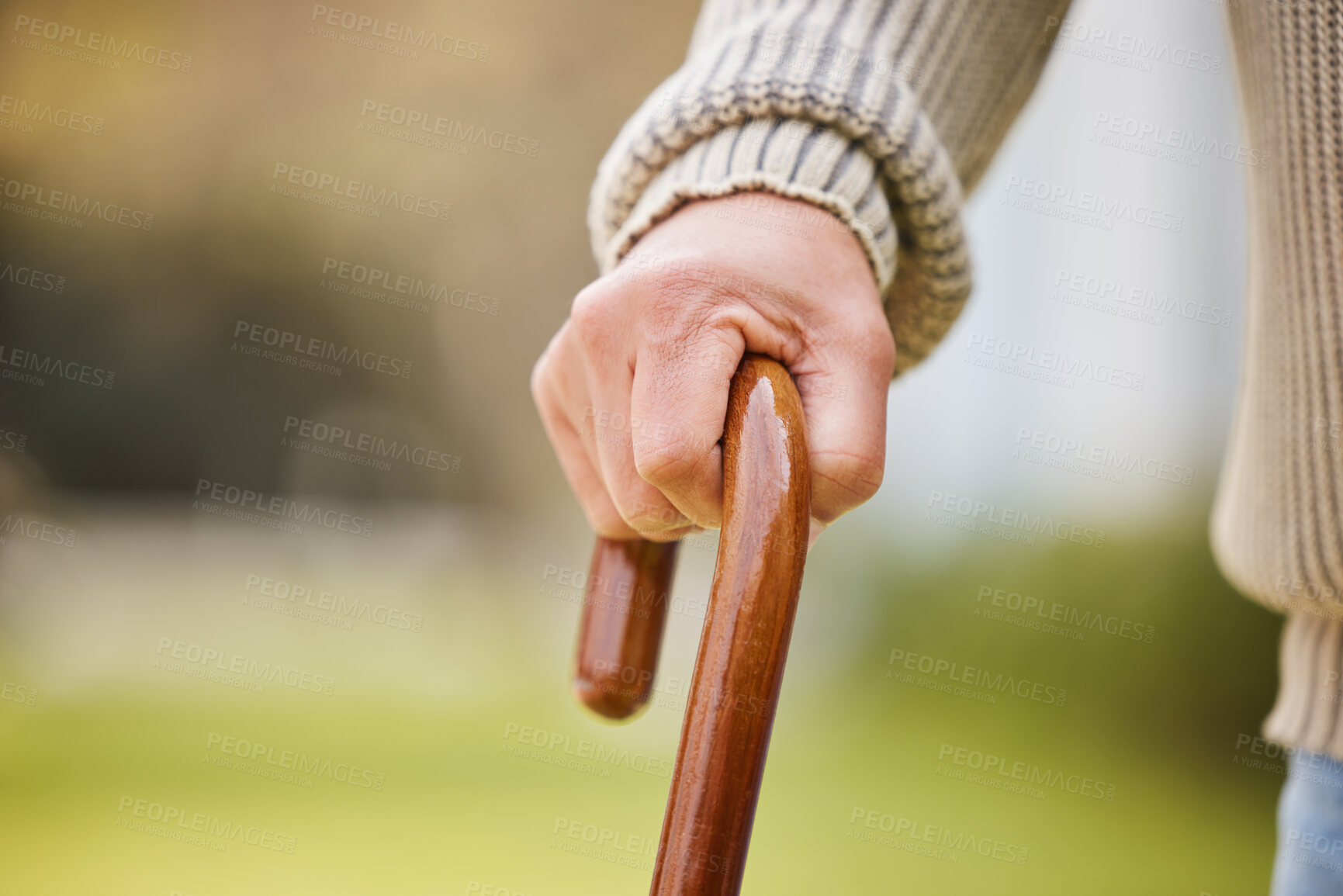Buy stock photo Walking stick, support and elderly with hands of person with a disability for injury, osteoporosis and medical. Healthcare, retirement and balance with closeup of old man and cane in nursing home
