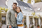 Portrait, smile of couple and outdoor at new home, bonding and having fun together. Love, happy man and woman by house in relationship, support and connection for moving in to real estate property
