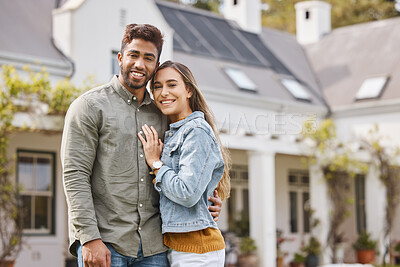 Buy stock photo Portrait, smile of couple and outdoor at new home, bonding and having fun together. Love, happy man and woman by house in relationship, support and connection for moving in to real estate property