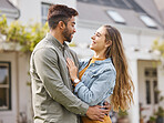 Happy couple, hug and smile for new house, real estate and investment in property together with happiness, support and love. People, embrace and man and woman outdoor in home, garden or backyard