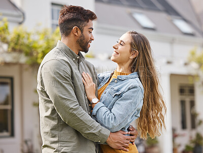 Buy stock photo Happy couple, hug and smile for new house, real estate and investment in property together with happiness, support and love. People, embrace and man and woman outdoor in home, garden or backyard