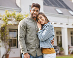 Portrait, happy couple and hug at backyard of home, bonding and having fun together. Love, smile of man and woman embrace in healthy relationship, support and connection for care by house outdoor.