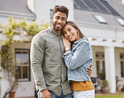 Buy stock photo Portrait, happy couple and hug at backyard of home, bonding and together in garden. Love, smile of man and woman embrace in healthy relationship, support and connection for care by house outdoor.