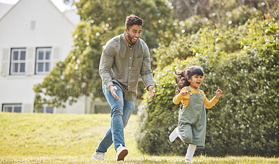 Buy stock photo Happy, family running and garden of new home with love, support and fun with dad and kid. Backyard, smile and moving of game, father and young girl together with bonding outdoor and real estate