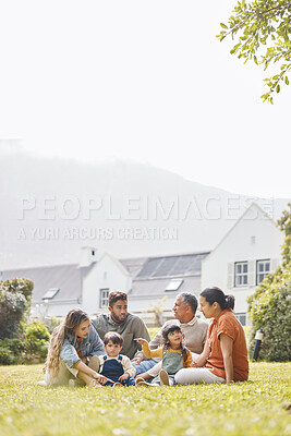 Buy stock photo Picnic, family and garden of new home with love, support and grandparents with parents and kids. Backyard, smile and sitting mother, father and young children together with bonding outdoor and relax