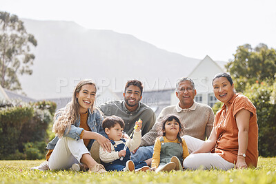 Buy stock photo Big family, portrait or children in nature to relax with grandparents on holiday vacation at home. Dad, picnic or happy kids bonding with mom, grandmother or grandfather on grass or garden together