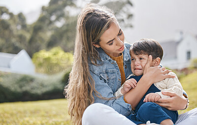 Buy stock photo Outdoor, mother and kid crying, sad and comfort with pain, injury and support with unhappy expression. Family, mama and child in a backyard, upset and compassion with care, console and depression