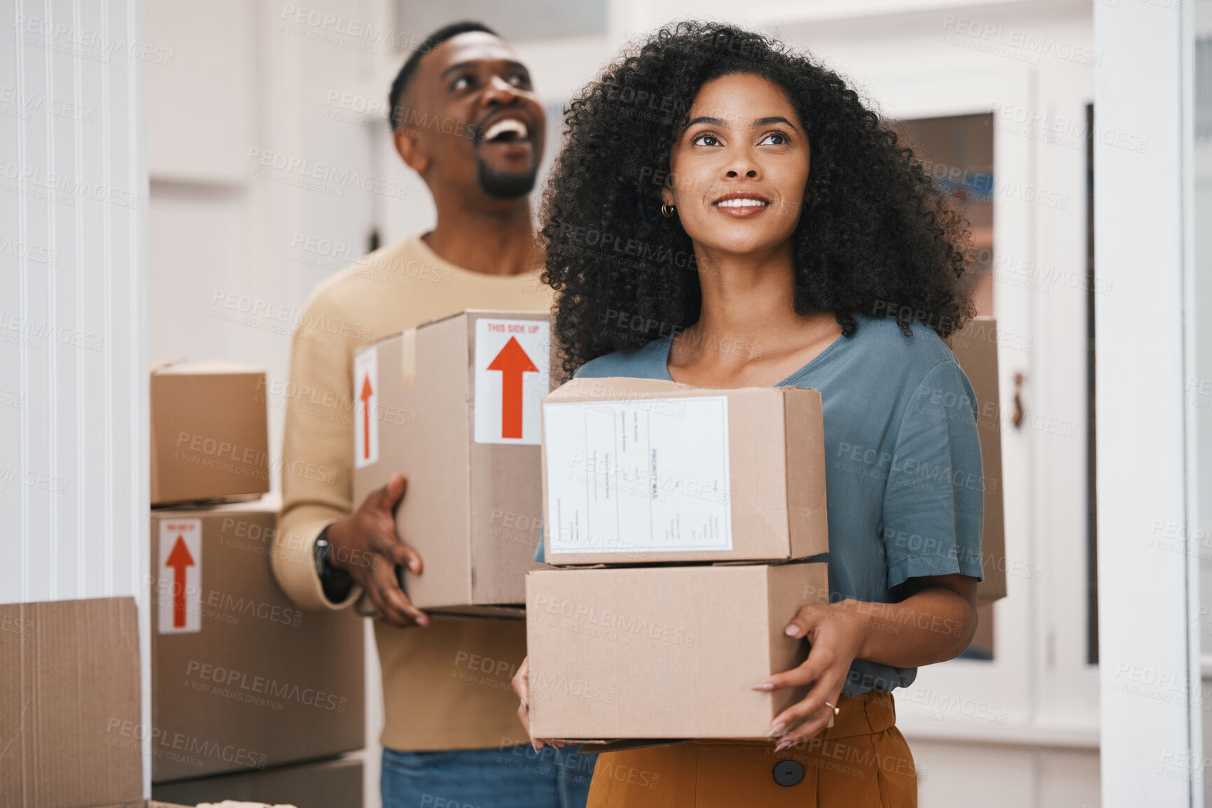 Buy stock photo Happy black couple, box and moving in new home, real estate or investment for property together. African man and woman smile with boxes in renovation, relocation or house mortgage and apartment loan