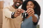 Happy couple, hands and keys in real estate, new home or property for investment, goals or mortgage together. Closeup of man and woman holding access to house, apartment or building for room or rent