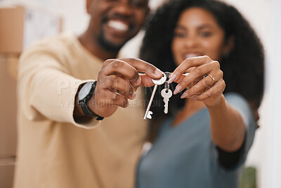 Buy stock photo Happy couple, hands and keys in real estate, new home or property for investment, goals or mortgage together. Closeup of man and woman holding access to house, apartment or building for room or rent