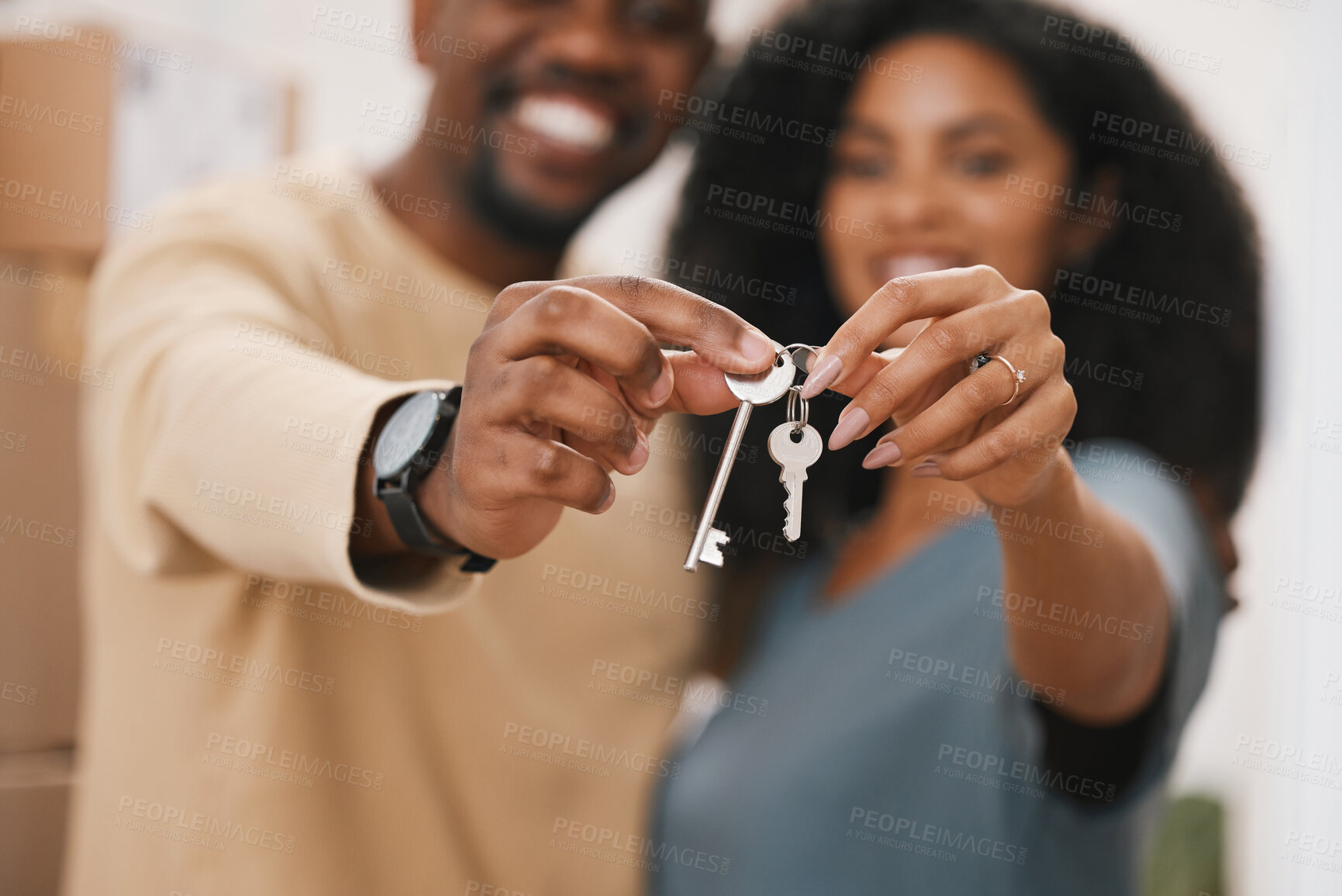 Buy stock photo Happy couple, hands and keys in real estate, new home or property for investment, goals or mortgage together. Closeup of man and woman holding access to house, apartment or building for room or rent