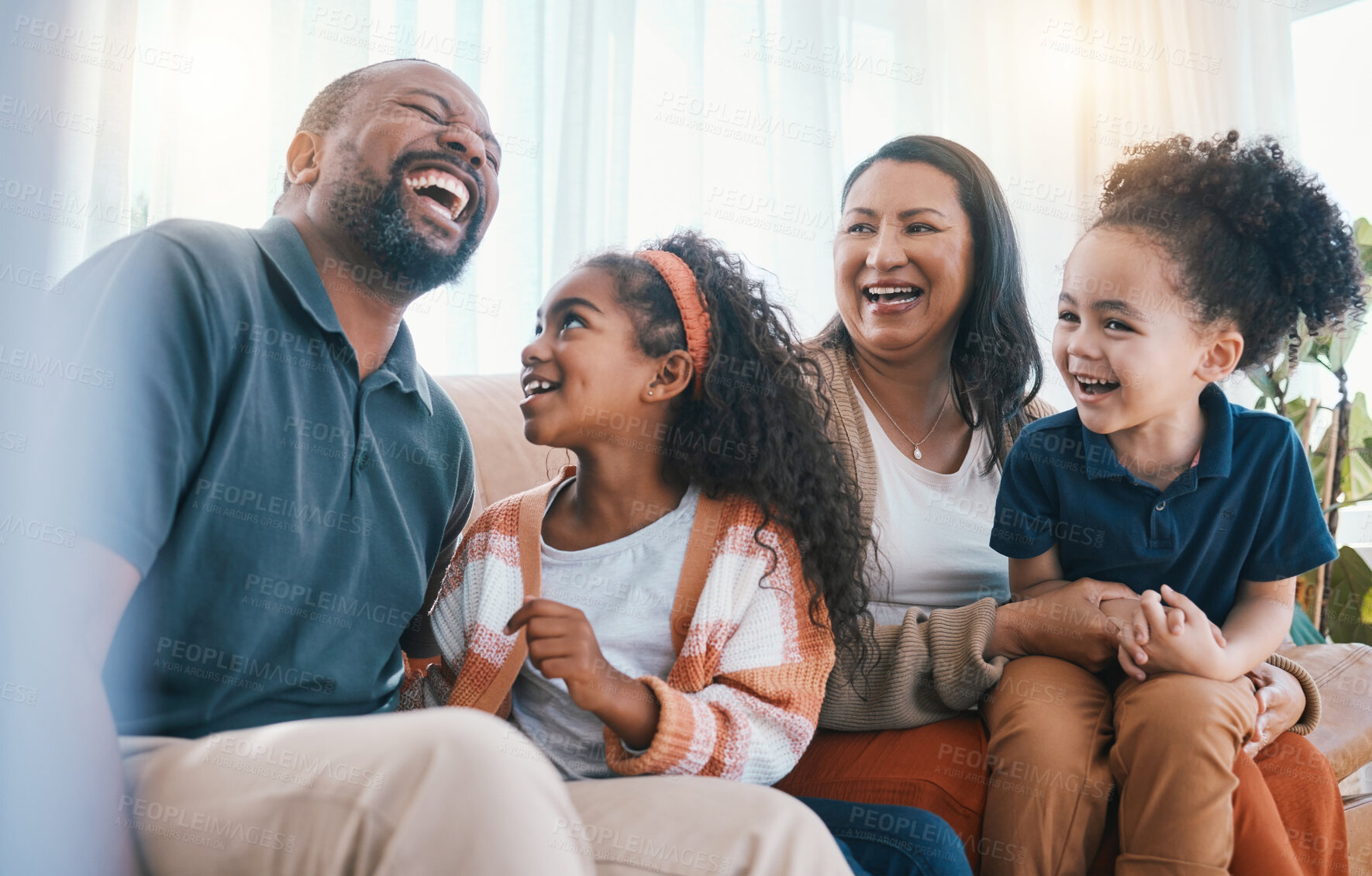 Buy stock photo Family, grandparents and children on sofa laughing for bonding, relationship and funny conversation. Home, living room and grandmother, grandfather and kids together for happiness, love and relax