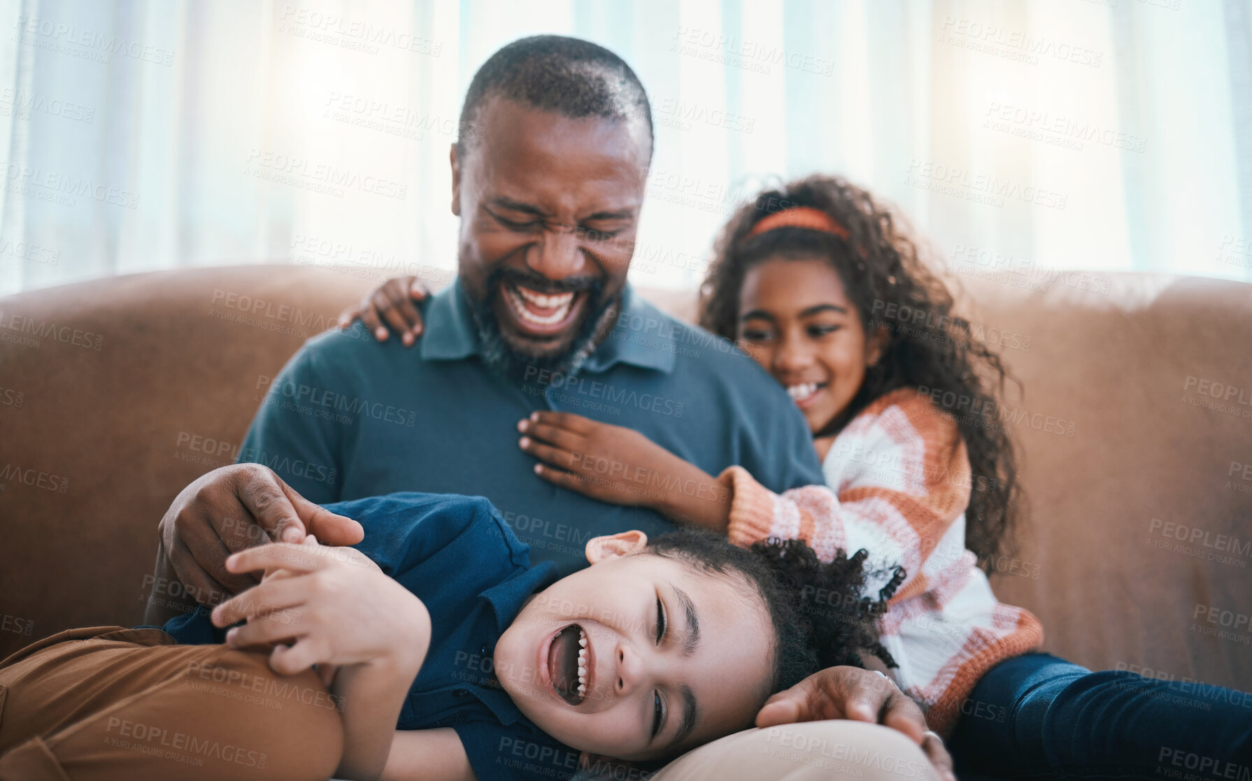 Buy stock photo Family, fun and living room with kids, father and love together in a home on a couch. Laughing, young and children with dad and funny joke with bonding, support and care in a house on a lounge sofa