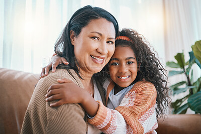 Buy stock photo Love, mother and portrait of child hug happy with care in a home couch together bonding as family with comfort. Parent, playing and kid with mom in living room as happiness growth and development