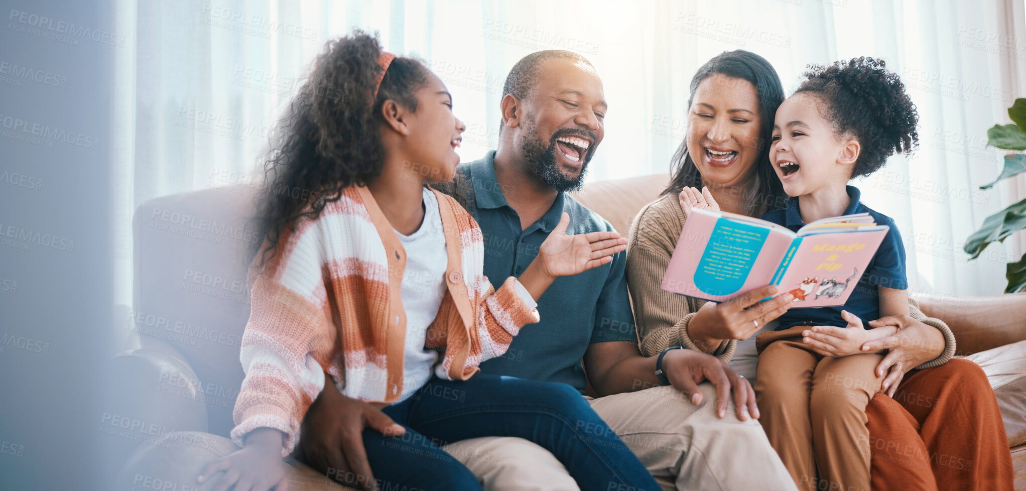 Buy stock photo Happy, love and parents reading with children on a sofa in the living room of family home. Smile, bonding and kids enjoying a story, novel or book with mother and father in the lounge at modern house