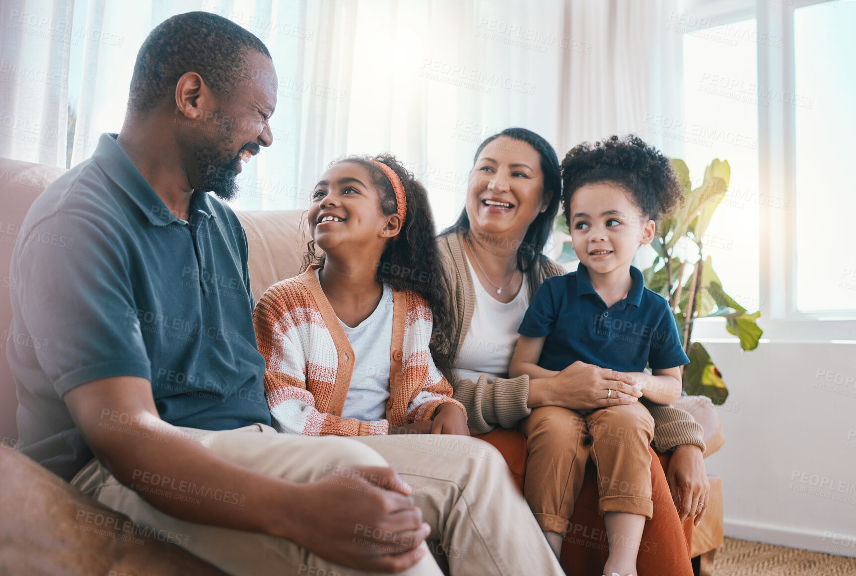 Buy stock photo Family, grandparents and children on sofa with smile for bonding, relationship and love. Home, living room and happy grandmother, grandfather and kids together for happiness, laughing and relax