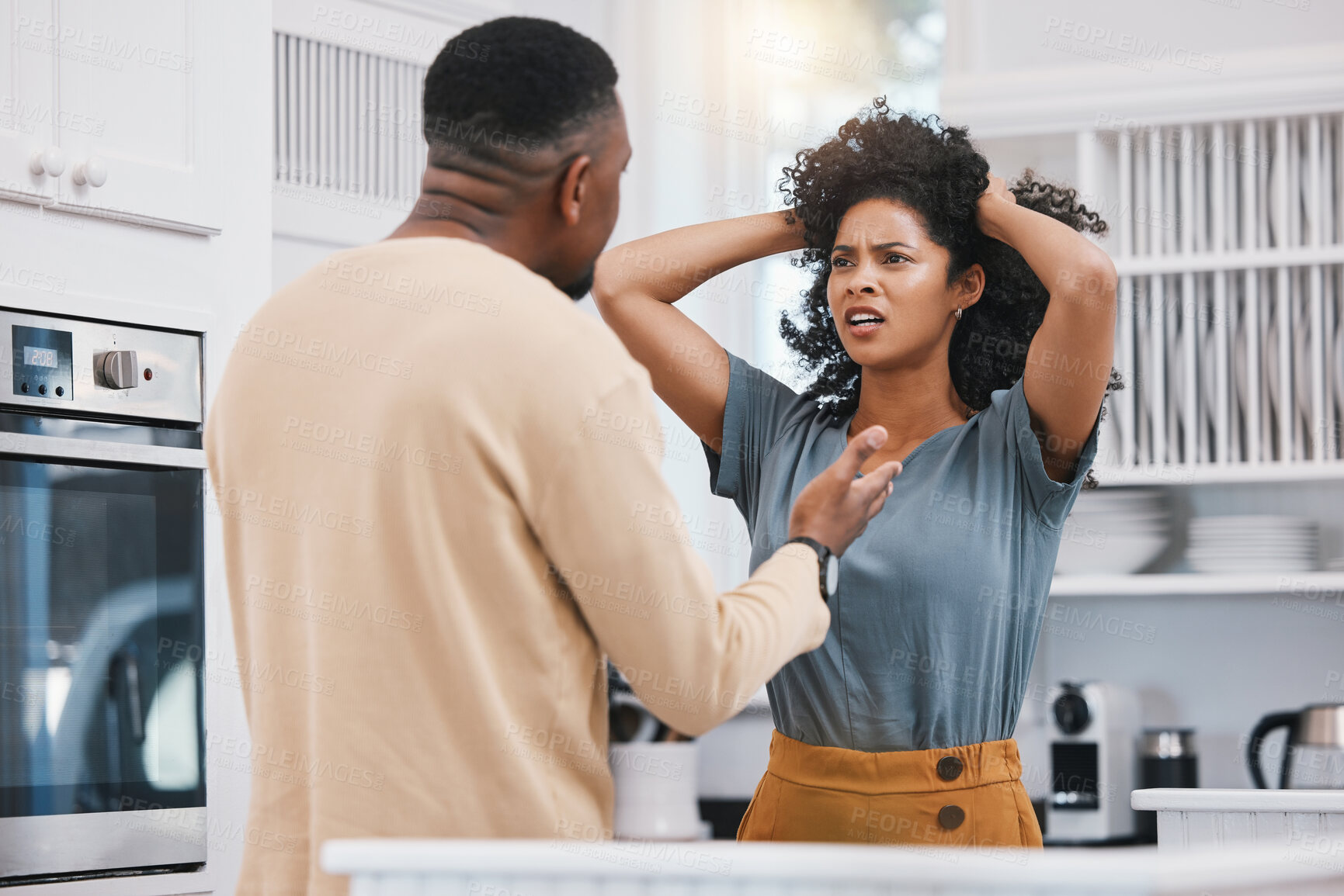 Buy stock photo Stress, divorce and couple fighting in a kitchen with anxiety, debt or erectile dysfunction at home. Marriage, doubt and man with woman in a house for conflict, argue or liar, cheating or infertility