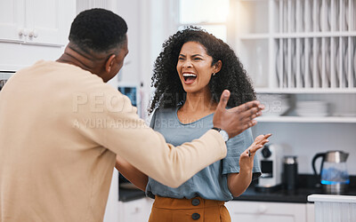 Buy stock photo Divorce, stress and angry couple screaming in a kitchen for debt, mistake or commitment doubt at home. Marriage, conflict and man with woman in house for infertility, anxiety or erectile dysfunction