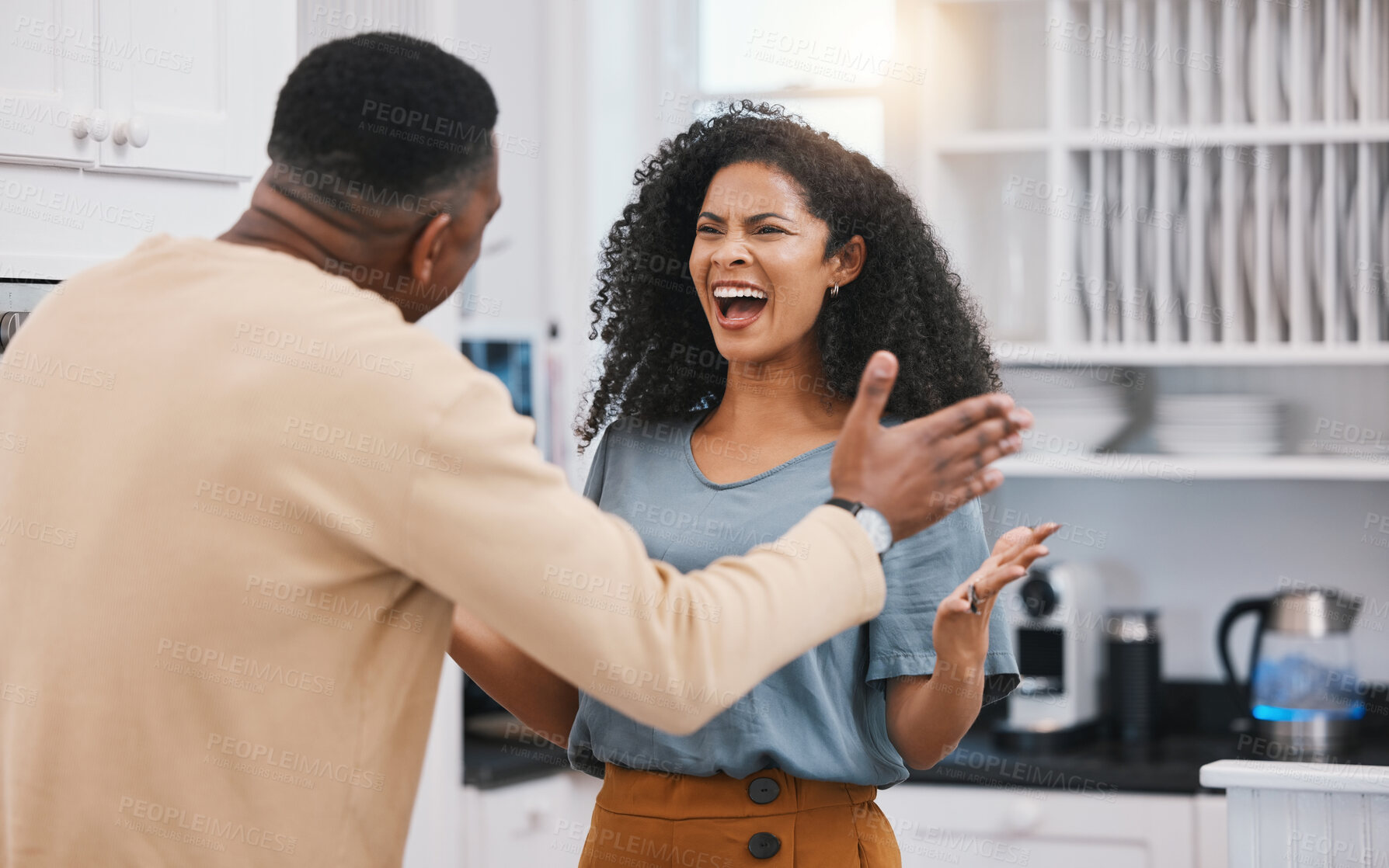 Buy stock photo Divorce, stress and angry couple screaming in a kitchen for debt, mistake or commitment doubt at home. Marriage, conflict and man with woman in house for infertility, anxiety or erectile dysfunction