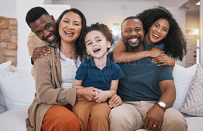 Buy stock photo Family, grandparents and portrait of child on sofa with smile for bonding, relationship and love. Home, living room and senior parents with mom, dad and kid together for happiness, joy and relax