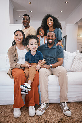 Buy stock photo Happy family, grandparents and portrait of children on sofa smile for bonding, relationship and love. Home, living room and senior parents with mom, dad and kids together for happiness, joy and relax