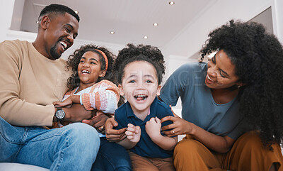 Buy stock photo Happy family, parents and children on sofa with smile for bonding, healthy relationship and love. Home, living room and mother, father and kids laughing together for happiness, playing and relax