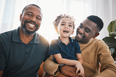 Buy stock photo Happy family, portrait and child in home with grandfather and dad in living room with love, care and support on sofa. Generations, parents and boy smile together on couch in house with father