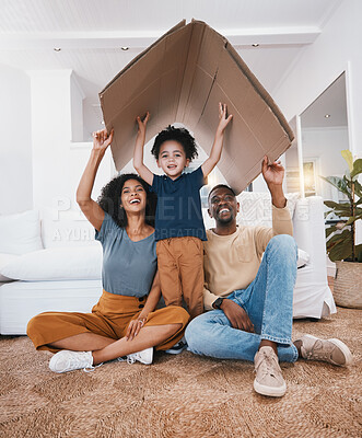 Buy stock photo Family, roof and insurance, support and protection at home with parents, child and happy in portrait. People in living room, shelter and care with safety and love, real estate or property with box