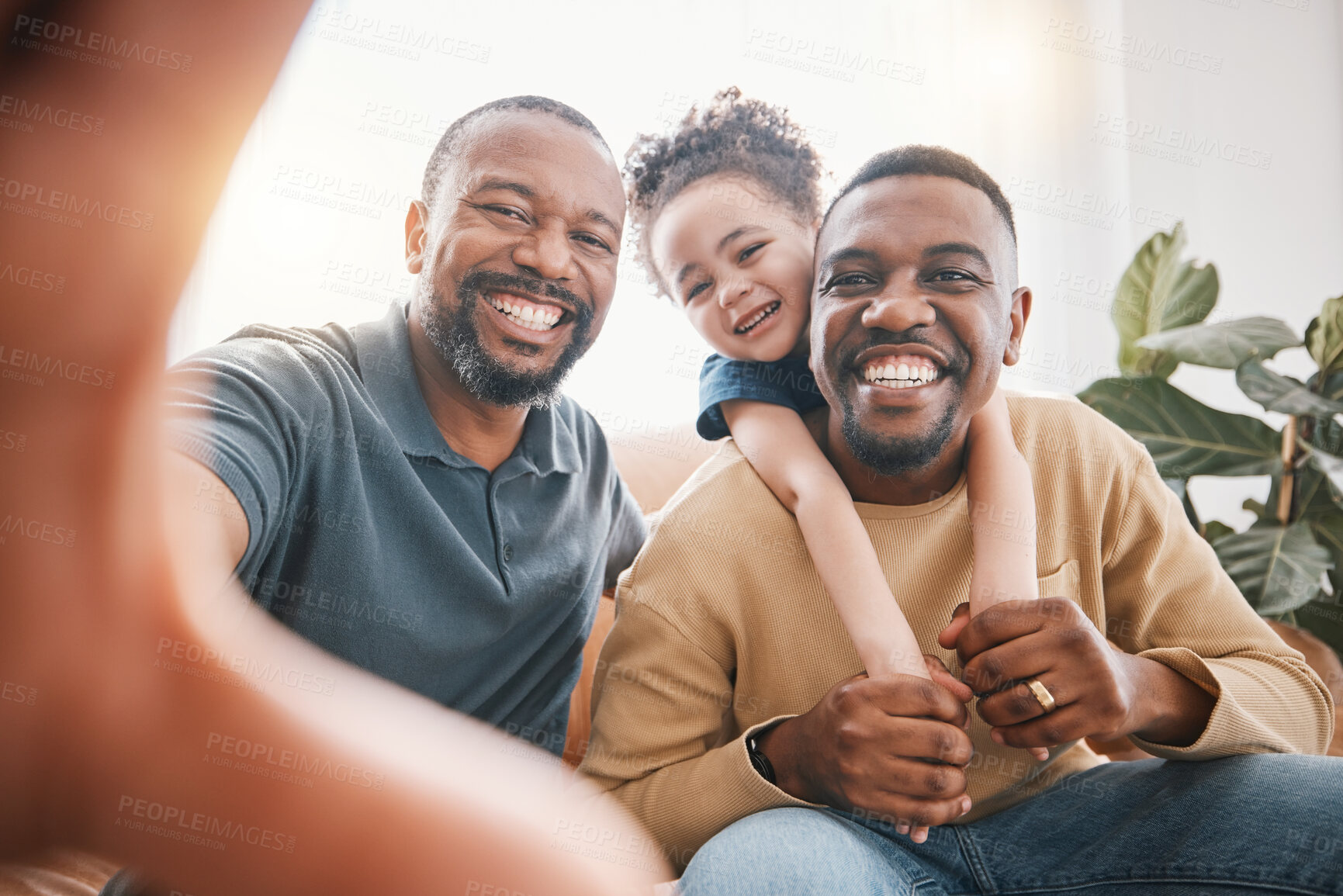 Buy stock photo African father, son and generations with selfie, portrait and smile with young kid, care and memory in living room. Senior black man, dad and boy with memory, post or profile picture on social media