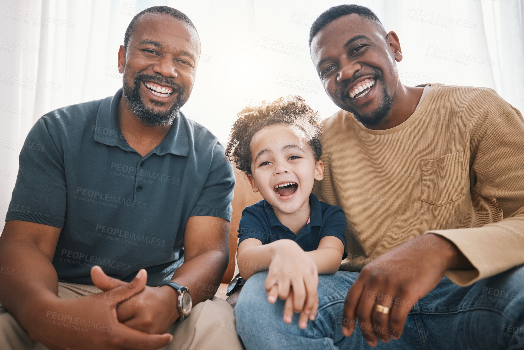 Buy stock photo Happy, black family and portrait with child, grandfather and dad in home, living room and happiness on sofa with love. Grandparent, father or boy smile together on couch in apartment lounge or house