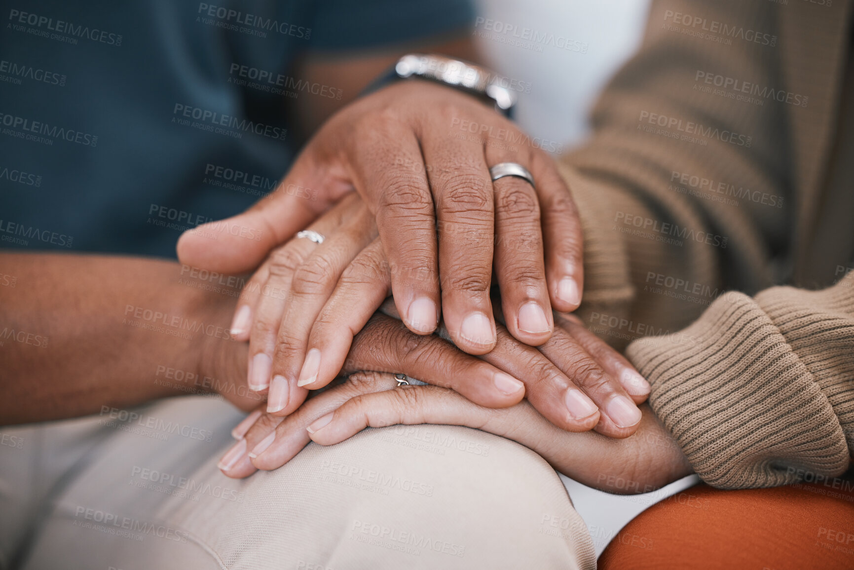 Buy stock photo Hands of couple in therapy for marriage counselling, support and love with relationship advice. Trust, man and woman with embrace, healthy communication and mental health healing with psychology help