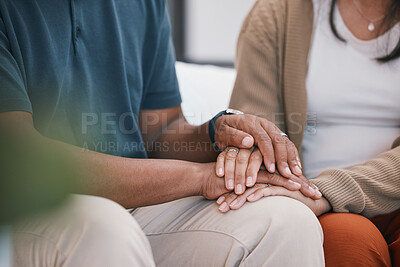 Buy stock photo Support, love and couple holding hands closeup with hope, trust and kindness at home. Empathy, zoom and man with woman in a living room with comfort, trust and understanding in infertility crisis